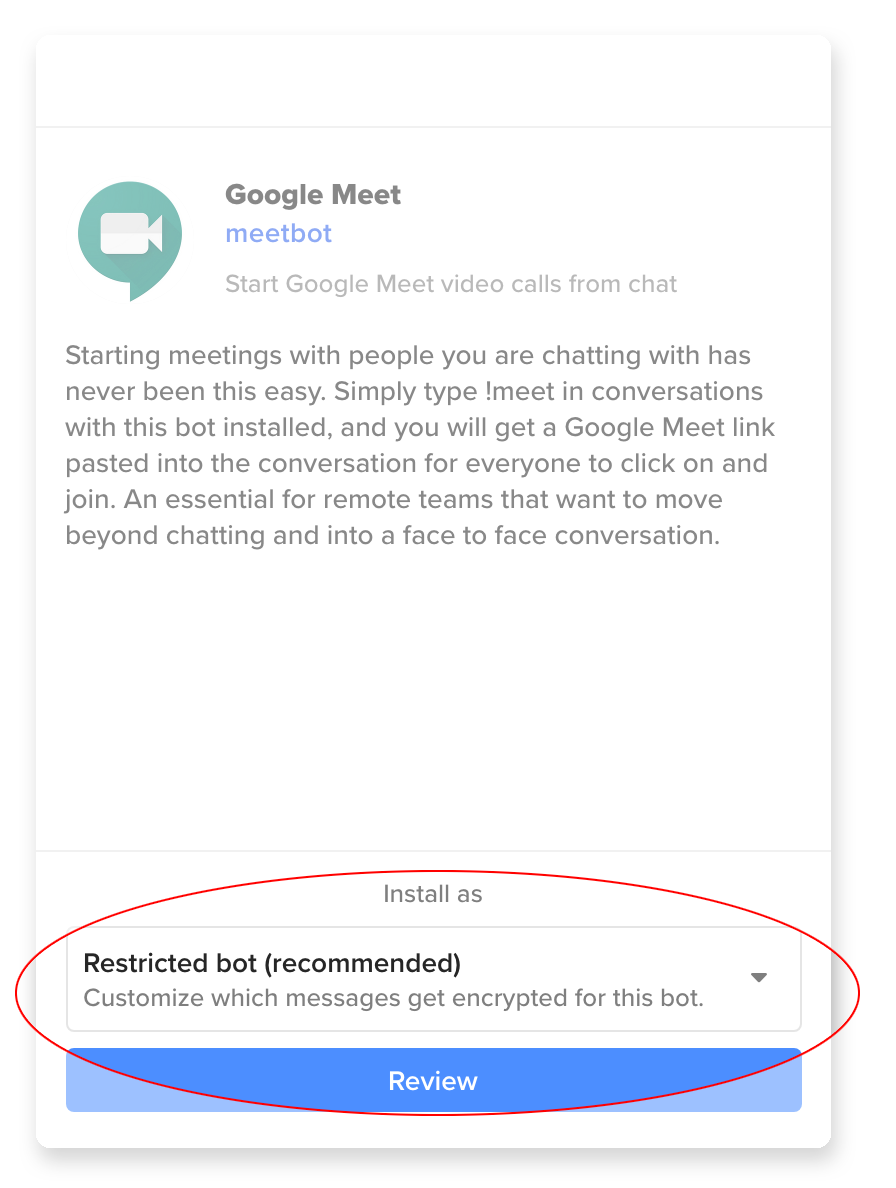 Installation settings screen showing that @meetbot will be added as a 'restricted bot'