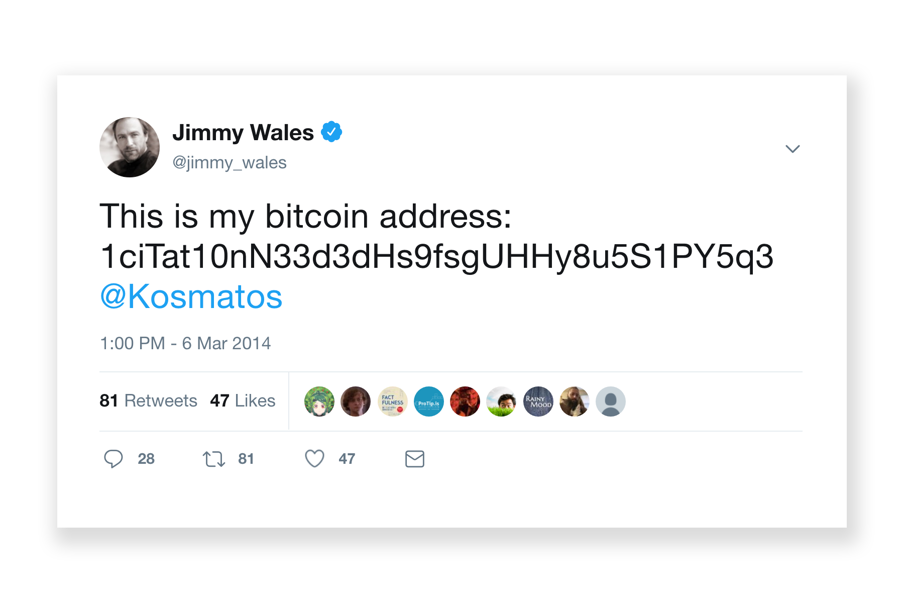 Jimmy Wales tweeting his Bitcoin address