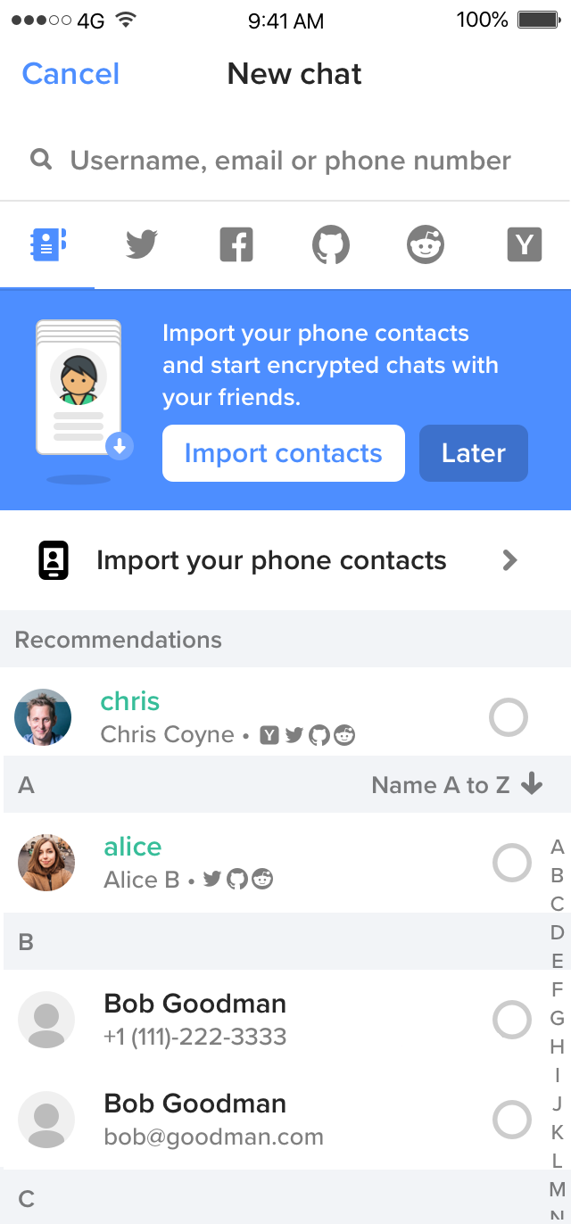 Keybase New Chat modal on mobile