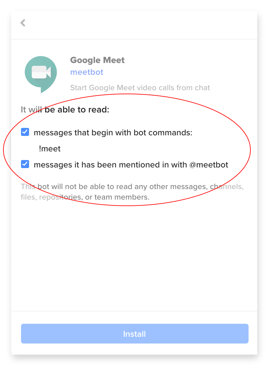 Installation settings screen showing @meetbot can only read messages starting with '!meet' or if it has been @-mentioned