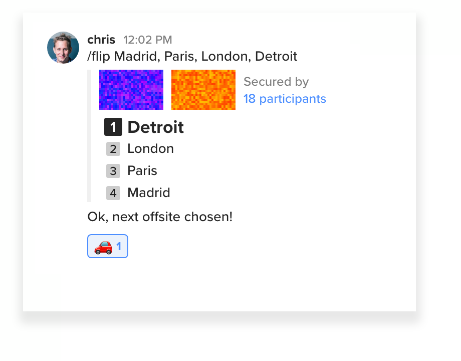 A screenshot of a Keybase chat coinflip randomly selecting Detroit from a list of cities