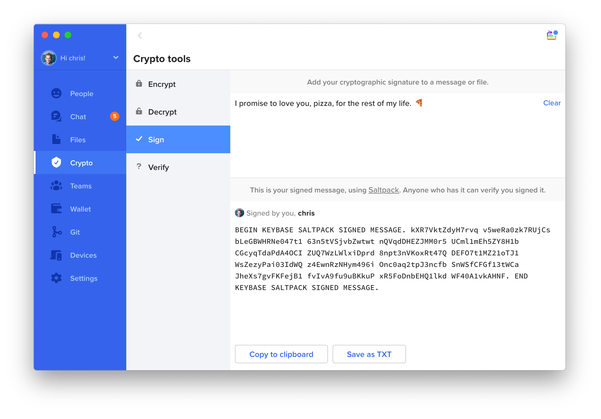 Keybase app showing @chris signing 'I promise to love you, pizza, for the rest of my life'