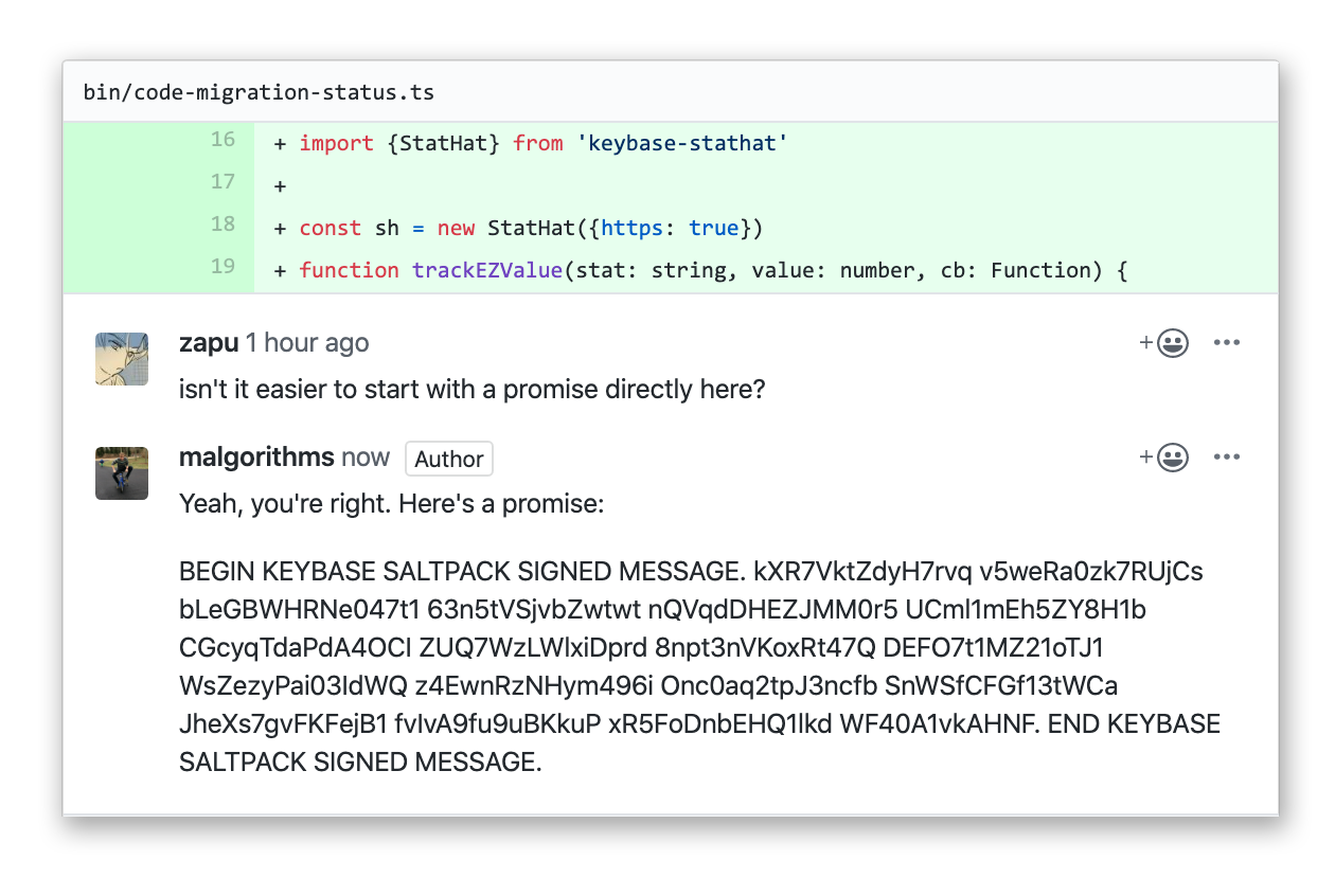 @malgorithms commenting a 'SALTPACK SIGNED MESSAGE' on a GitHub pull request