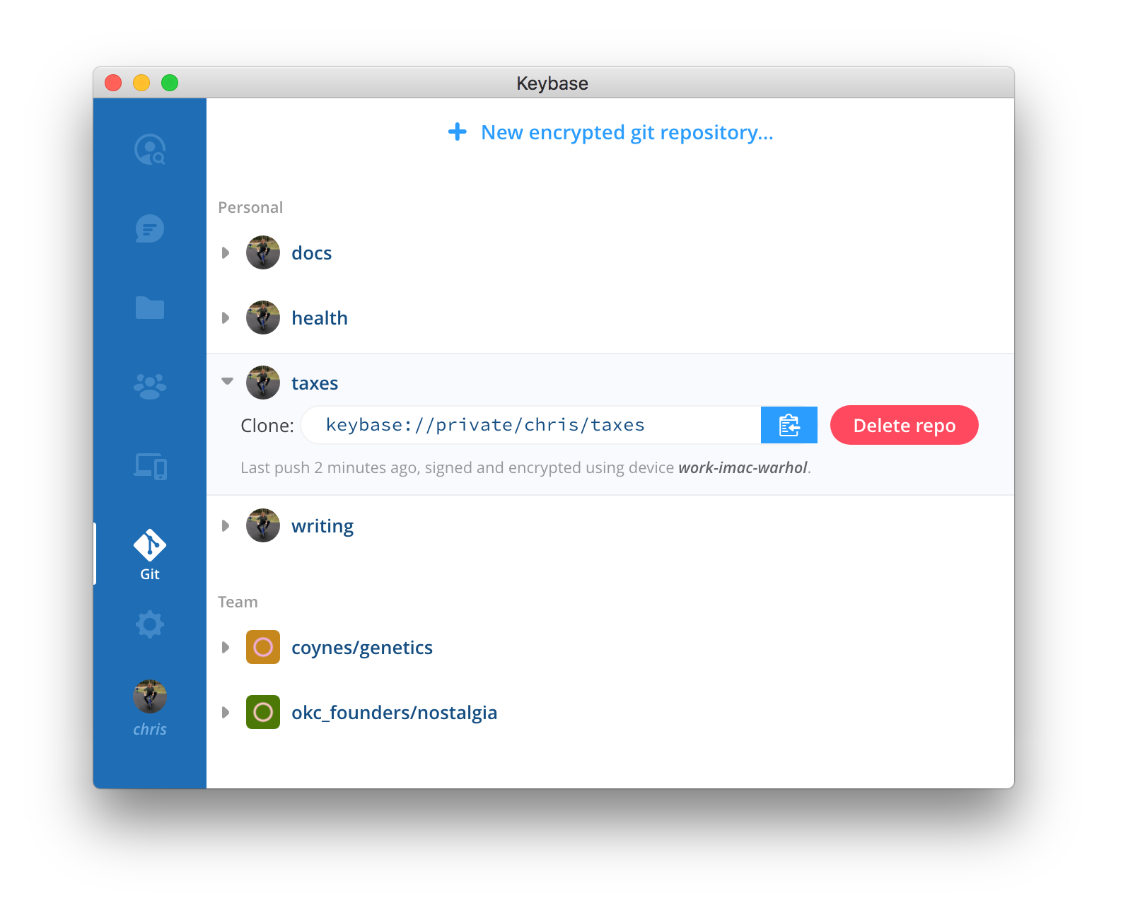 Capture d'écran de l'interface de Keybase