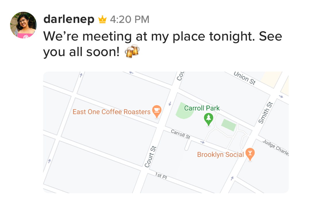 Keybase chat message: We’re meeting at my place tonight. See you all soon!